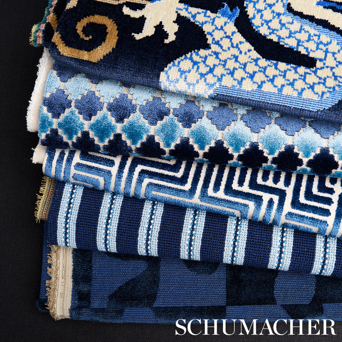 Schumacher Modern Dance Velvet Midnight Blue Fabric - Eade's Wallpaper