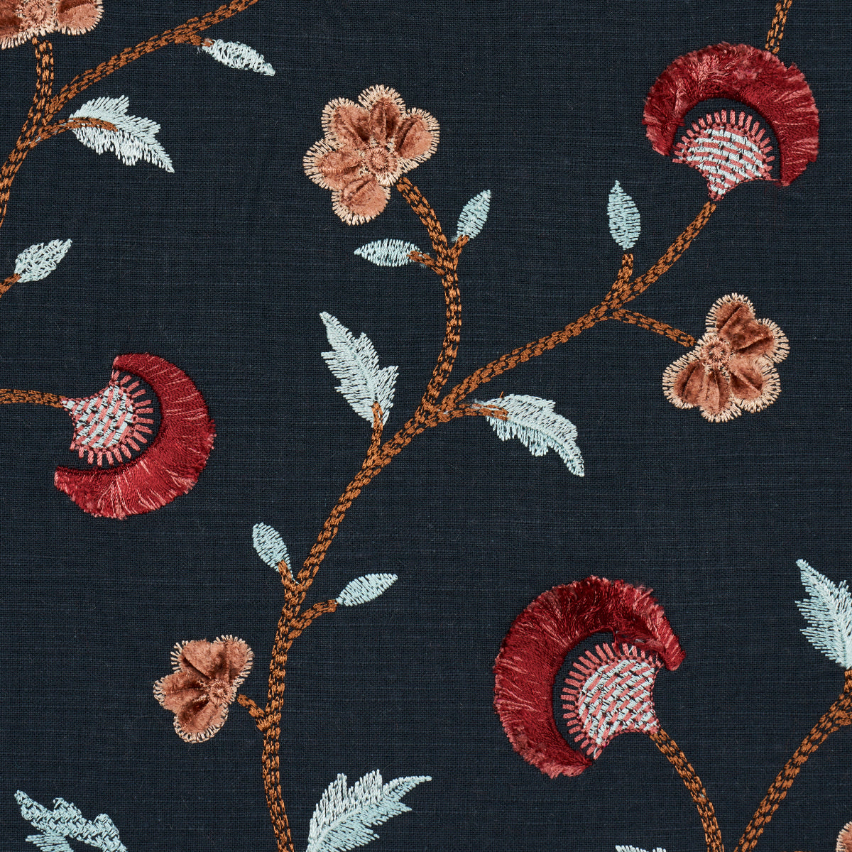 Schumacher Iyla Embroidery Midnight & Rouge Fabric