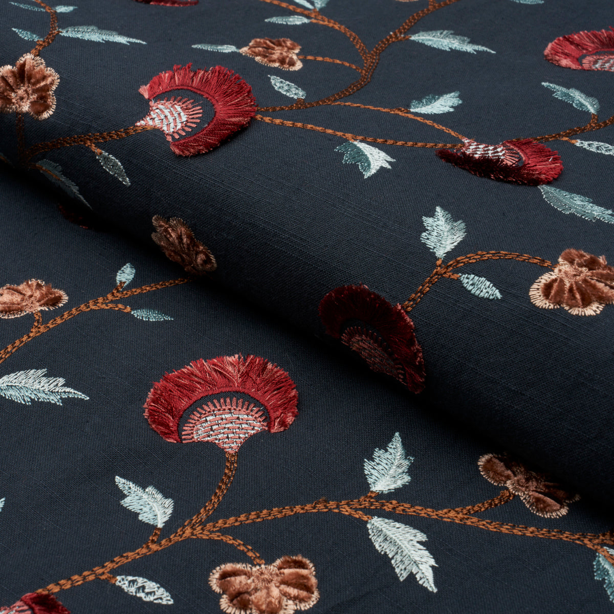 Schumacher Iyla Embroidery Midnight & Rouge Fabric