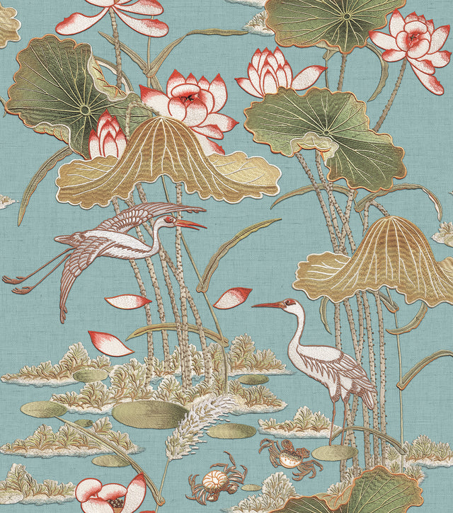 Veer Decor Lotus Pond Tapestry Teal Wallpaper 8386-AD4