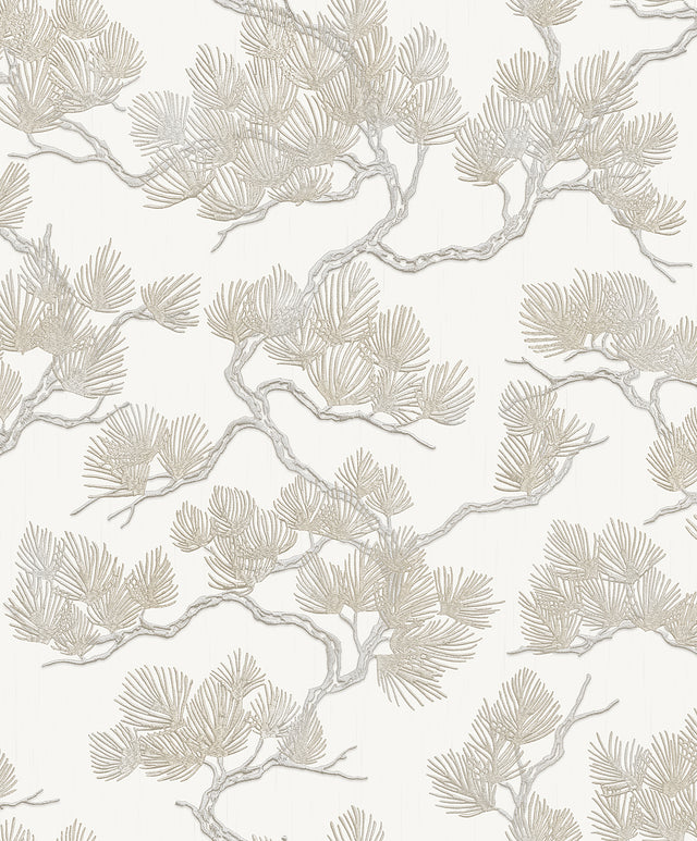 Veer Decor Embroidered Pine Tree Beige Wallpaper 8387-AF1