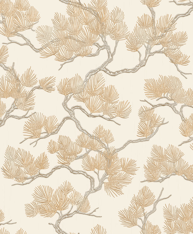 Veer Decor Embroidered Pine Tree Gold Wallpaper 8387-AF2
