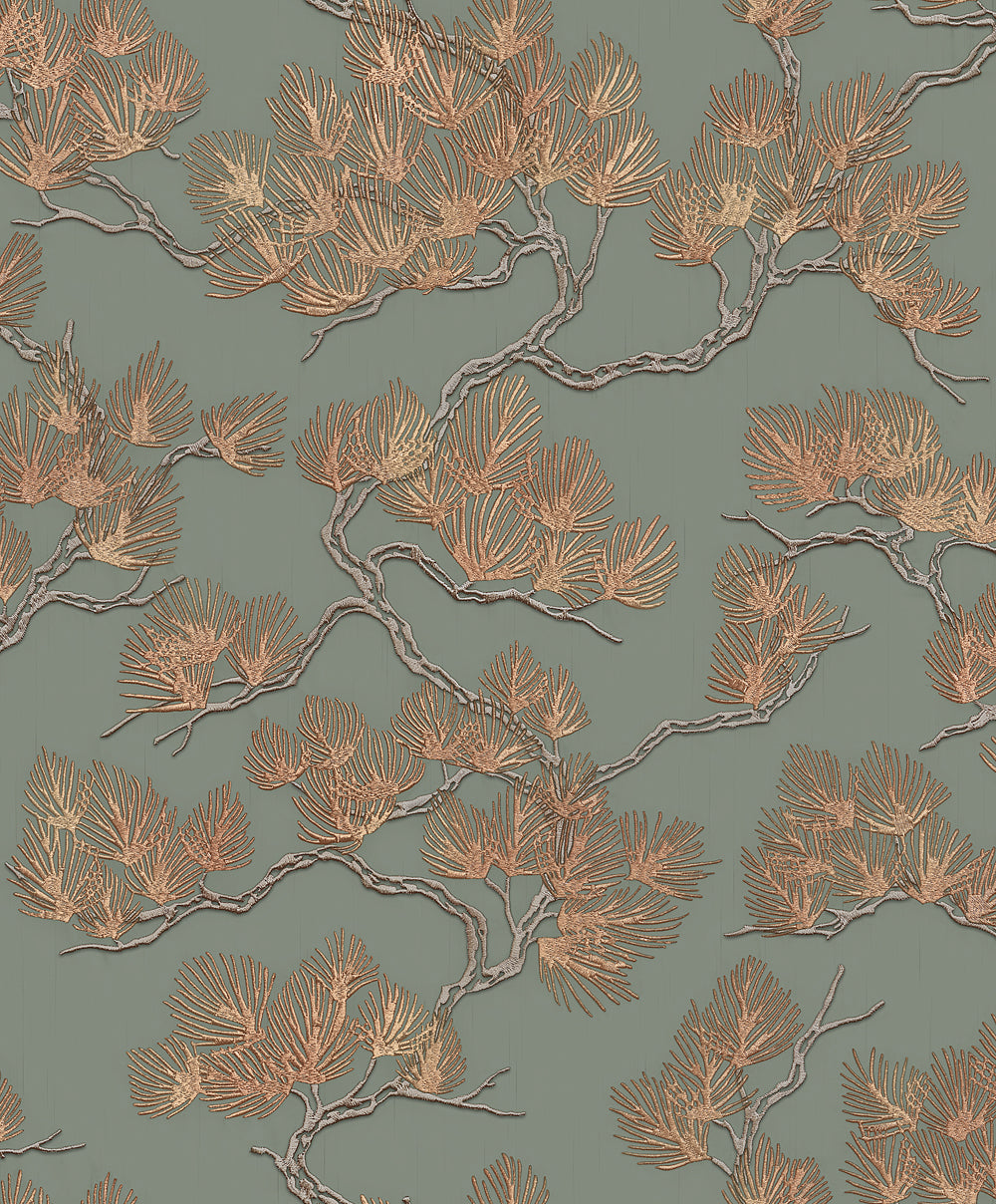 Veer Decor Embroidered Pine Tree Sage Wallpaper 8387-AF3