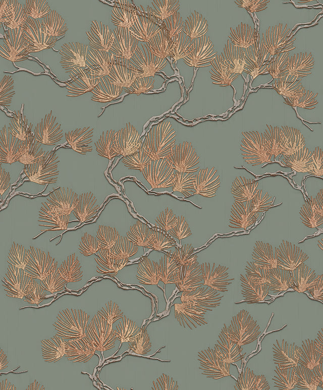 Veer Decor Embroidered Pine Tree Sage Wallpaper 8387-AF3