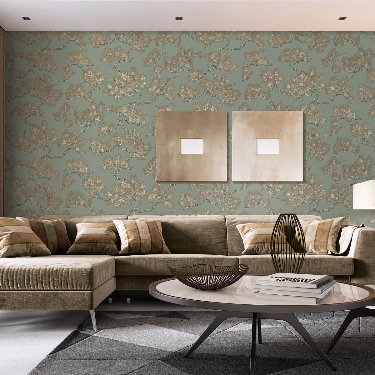 Veer Decor Embroidered Pine Tree Sage Wallpaper 8387-AF3