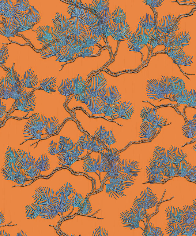 Veer Decor Embroidered Pine Tree Orange Wallpaper 8387-AF5