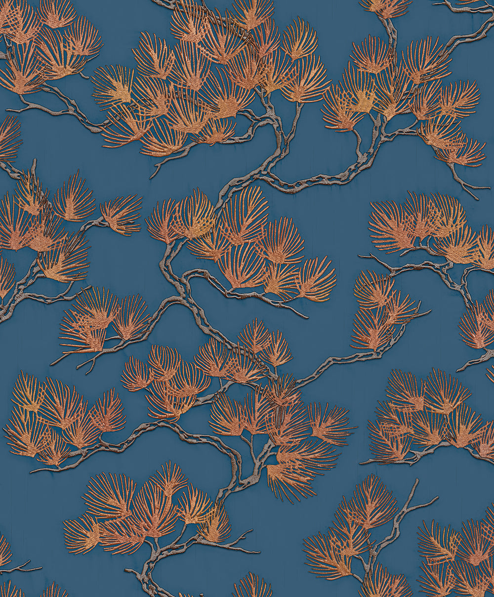 Veer Decor Embroidered Pine Tree Blue Wallpaper 8387-AF6