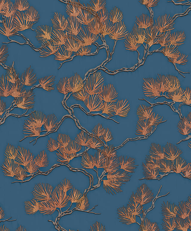Veer Decor Embroidered Pine Tree Blue Wallpaper 8387-AF6