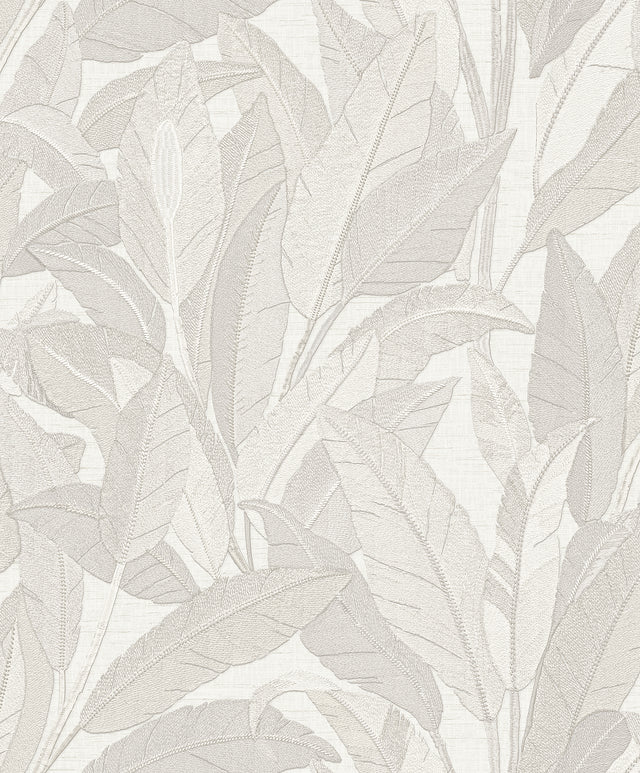 Veer Decor Embroidered Tropical Foliage White Wallpaper 8388