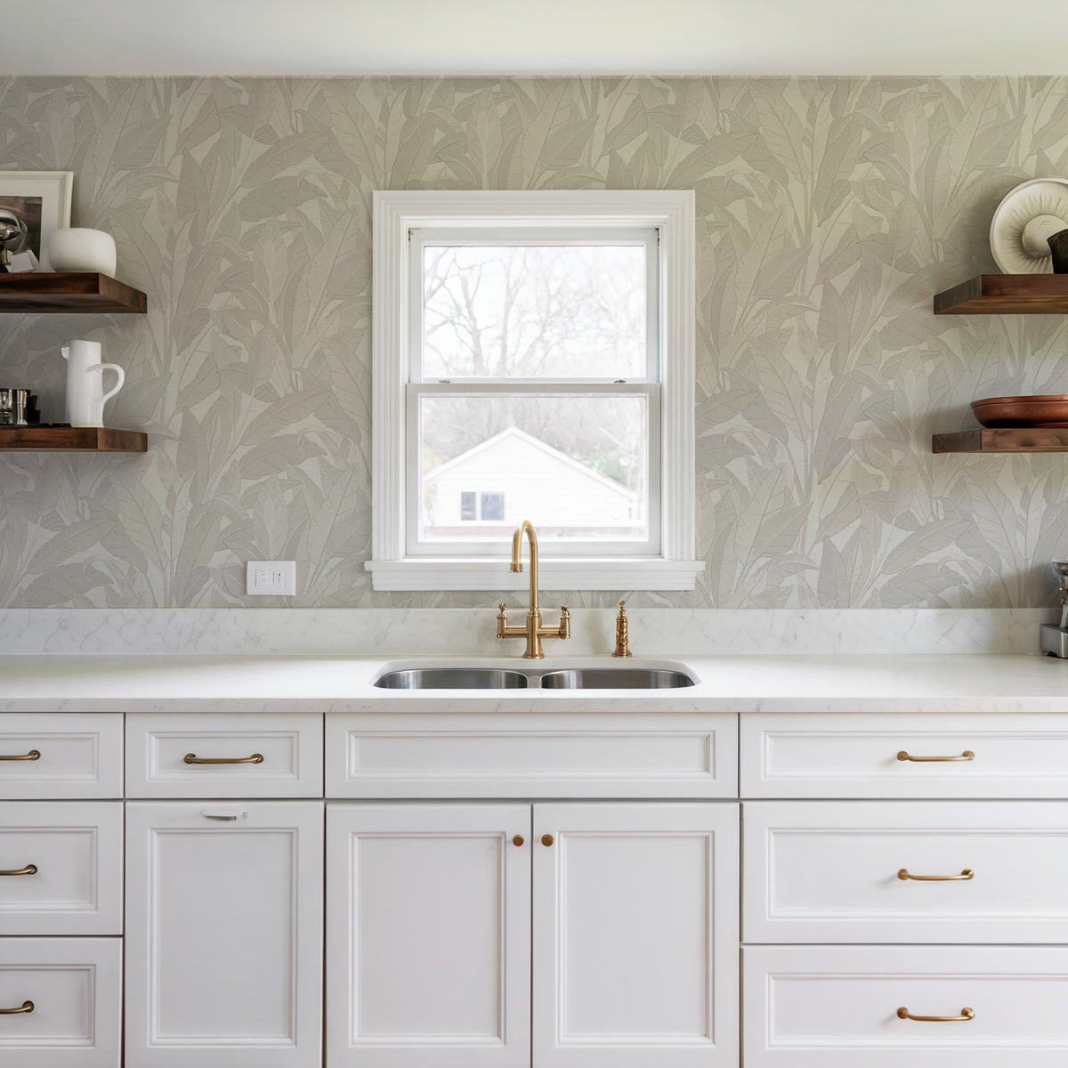 Veer Decor Embroidered Tropical Foliage White Wallpaper 8388