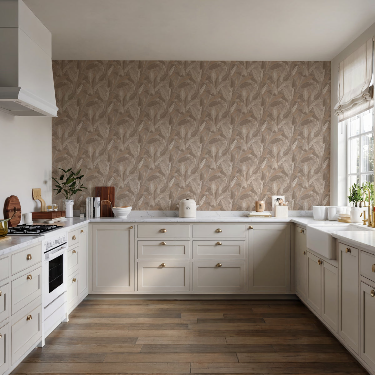 Veer Decor Embroidered Tropical Foliage Taupe Wallpaper 8388