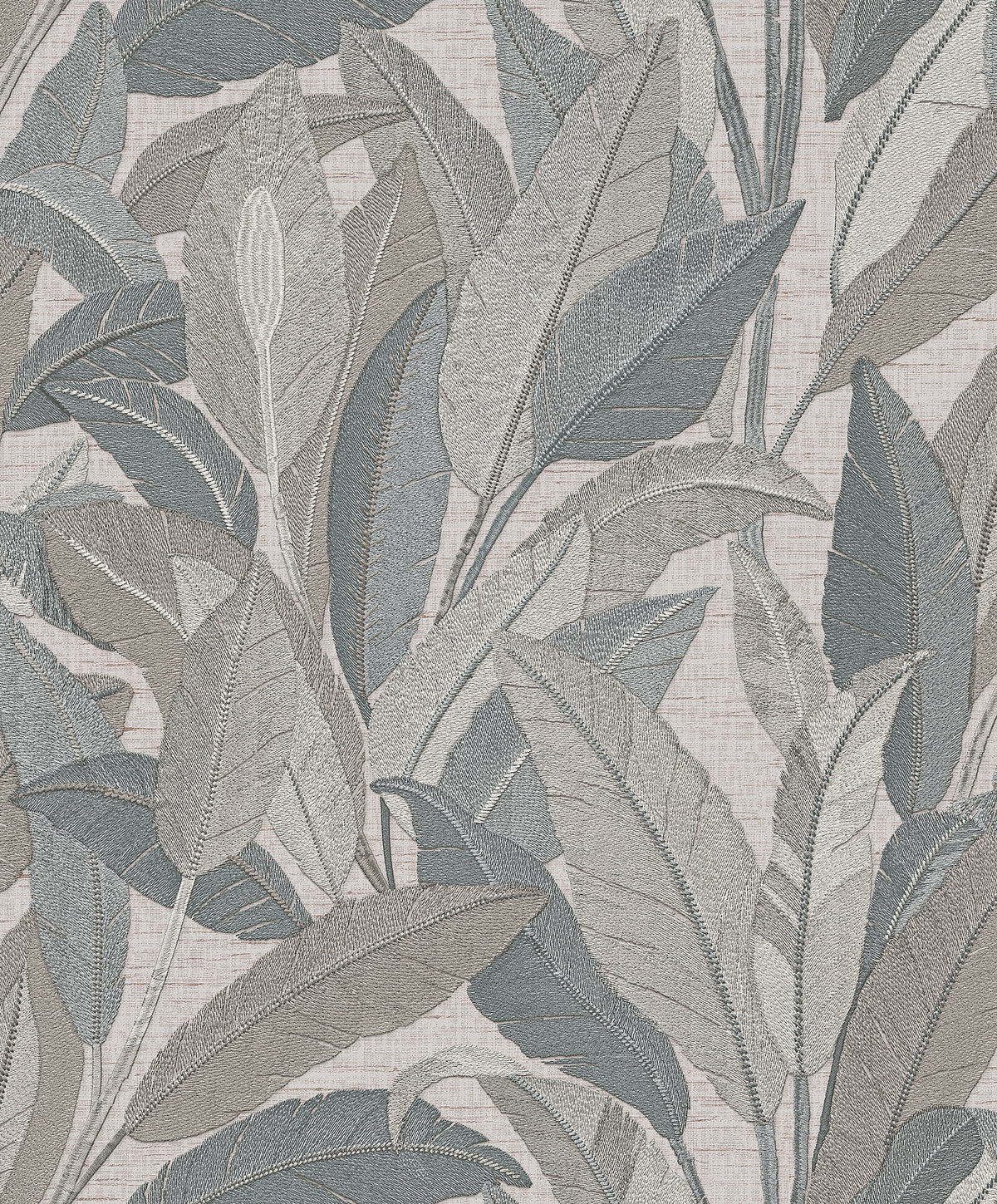 Veer Decor Embroidered Tropical Foliage Grey Wallpaper 8388-