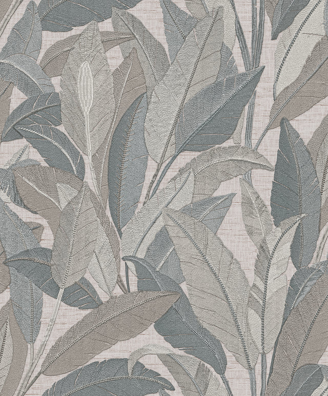 Veer Decor Embroidered Tropical Foliage Grey Wallpaper 8388-