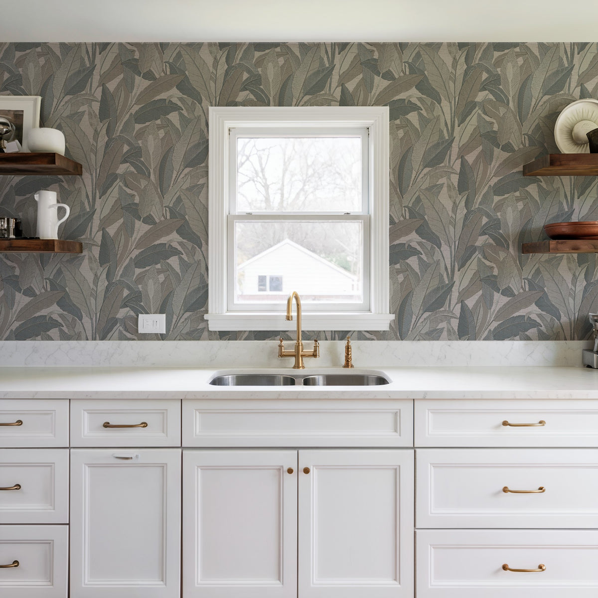 Veer Decor Embroidered Tropical Foliage Grey Wallpaper 8388-