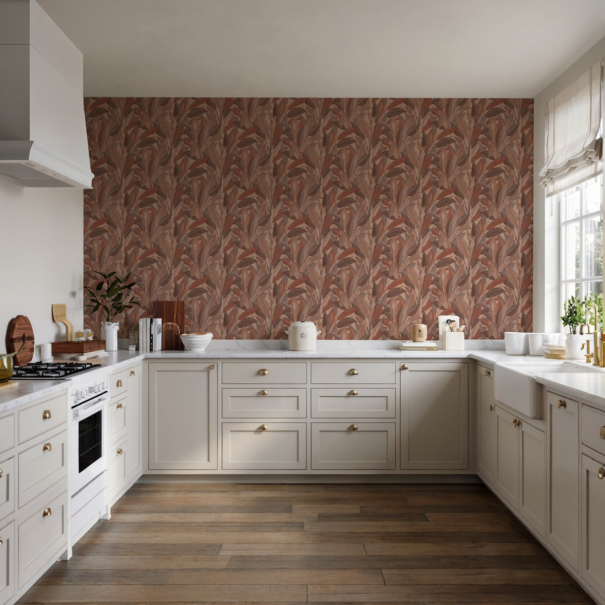 Veer Decor Embroidered Tropical Foliage Red Wallpaper 8388-A
