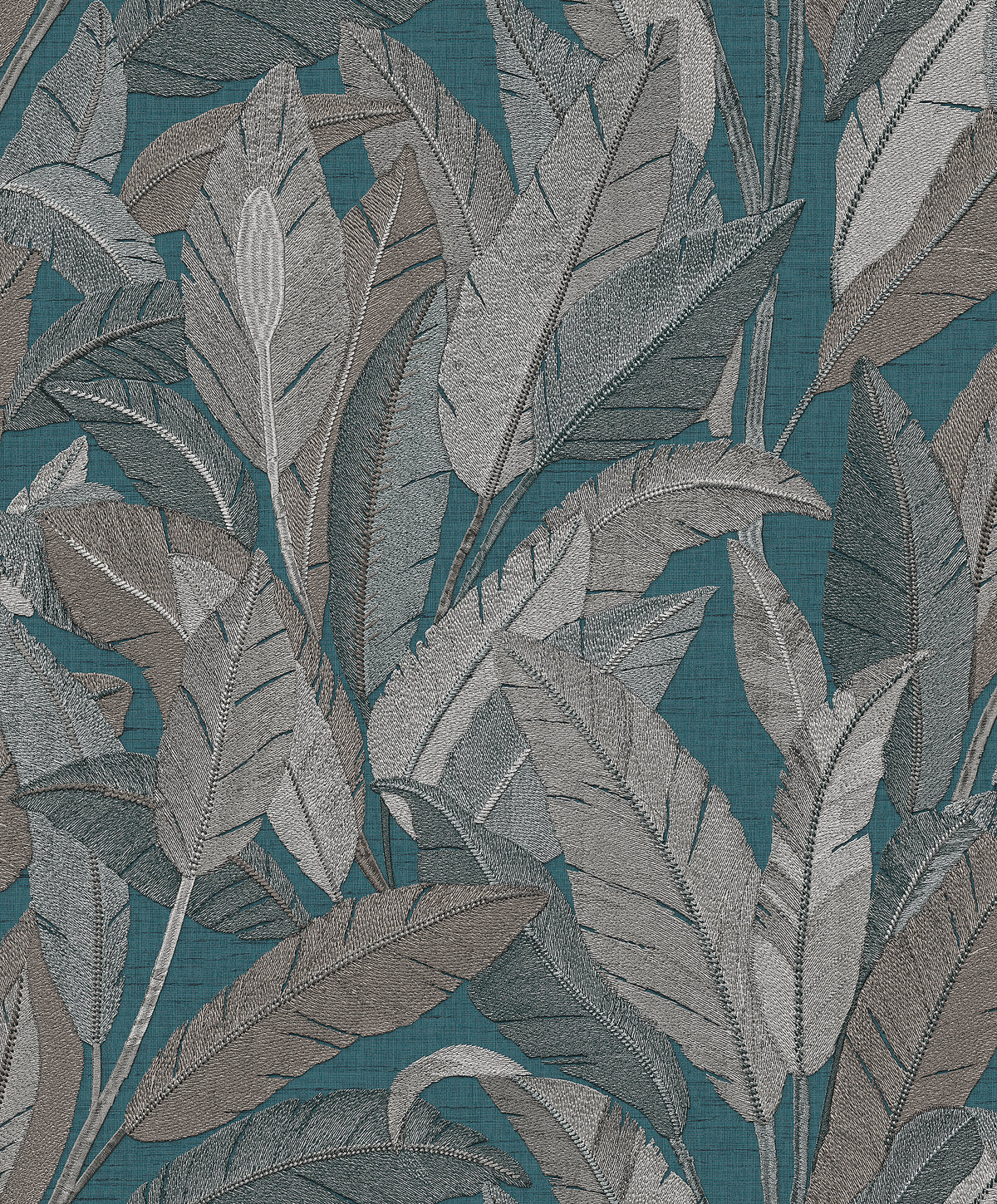 Veer Decor Embroidered Tropical Foliage Blue Wallpaper 8388-