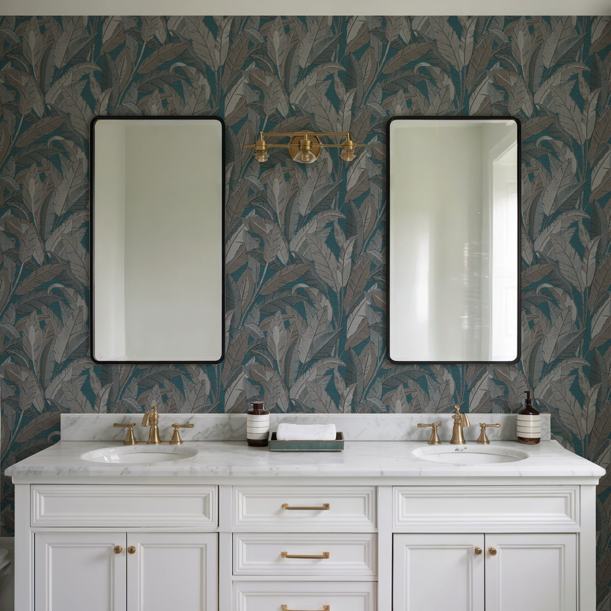 Veer Decor Embroidered Tropical Foliage Blue Wallpaper 8388-