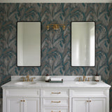 Veer Decor Embroidered Tropical Foliage Blue Wallpaper 8388-