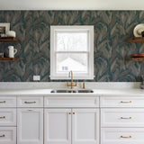 Veer Decor Embroidered Tropical Foliage Blue Wallpaper 8388-