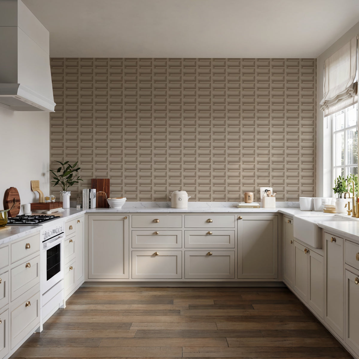 Veer Decor Embroidered Grecian Key Taupe Wallpaper 8388-AG4