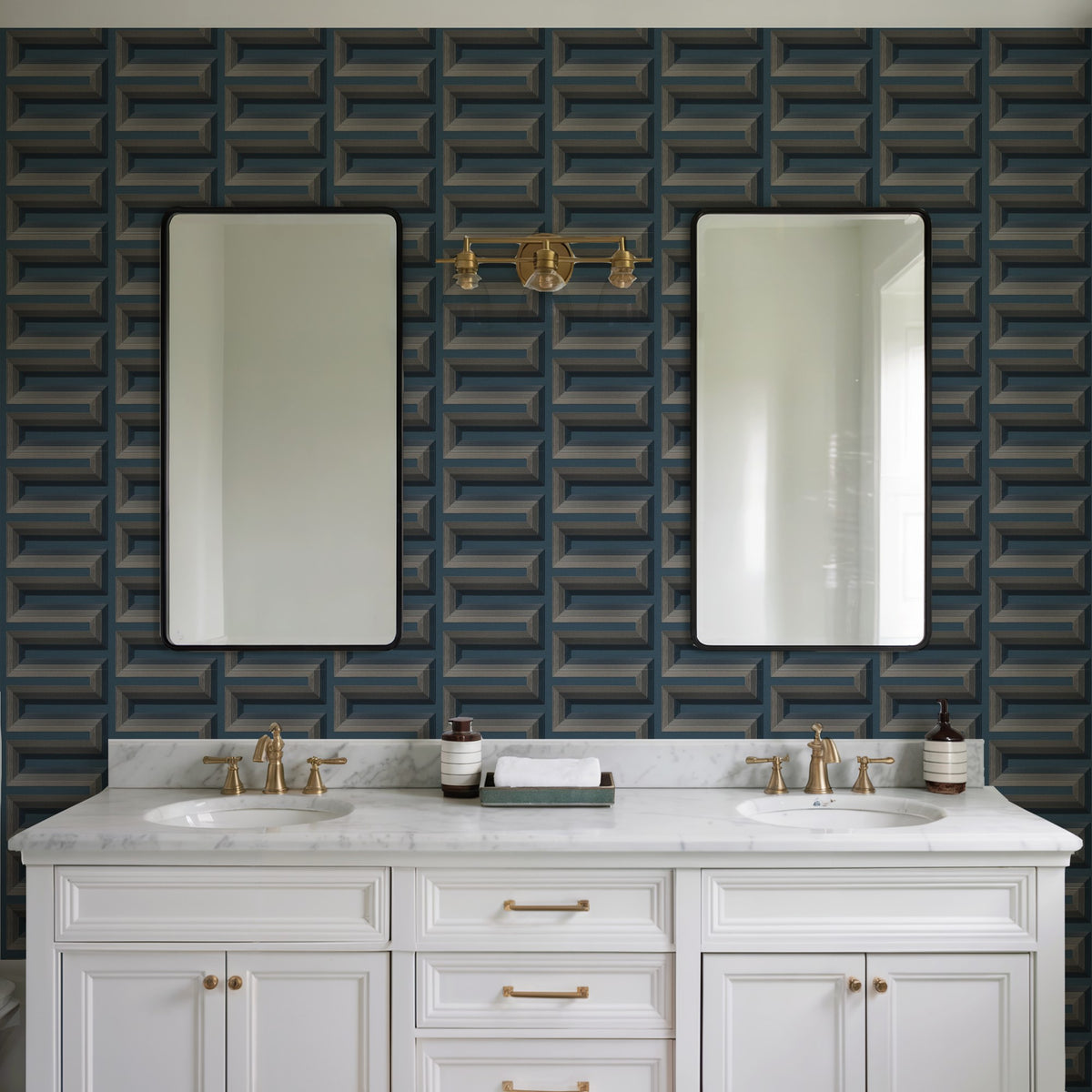 Veer Decor Embroidered Grecian Key Blue Wallpaper 8388-AG6