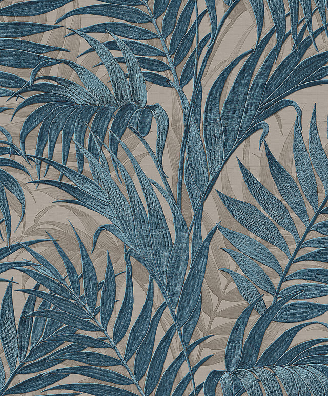Veer Decor Embroidered Palm Blue Wallpaper 8389-AA8