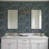 Veer Decor Embroidered Palm Blue Wallpaper 8389-AA8
