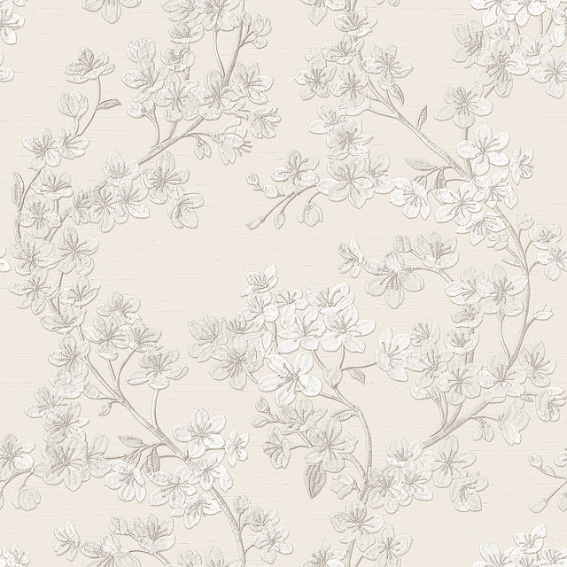Veer Decor Embroidered Cherry Bloom Silver Wallpaper 8389-AB