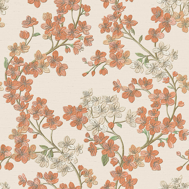 Veer Decor Embroidered Cherry Bloom Orange Wallpaper 8389-AB