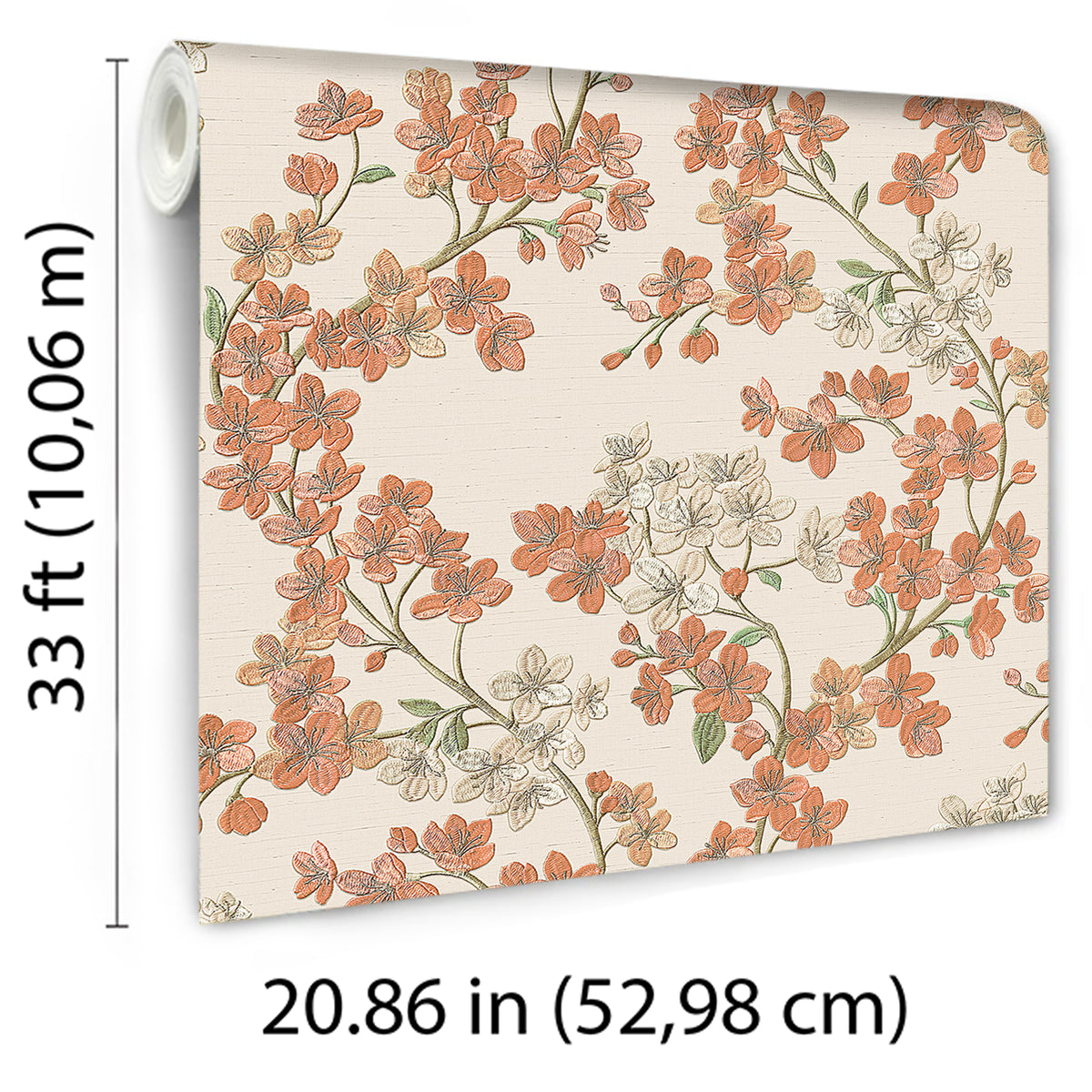 Veer Decor Embroidered Cherry Bloom Orange Wallpaper 8389-AB
