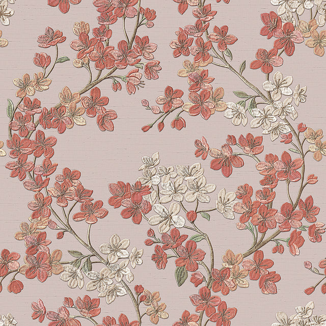 Veer Decor Embroidered Cherry Bloom Red Wallpaper 8389-AB4