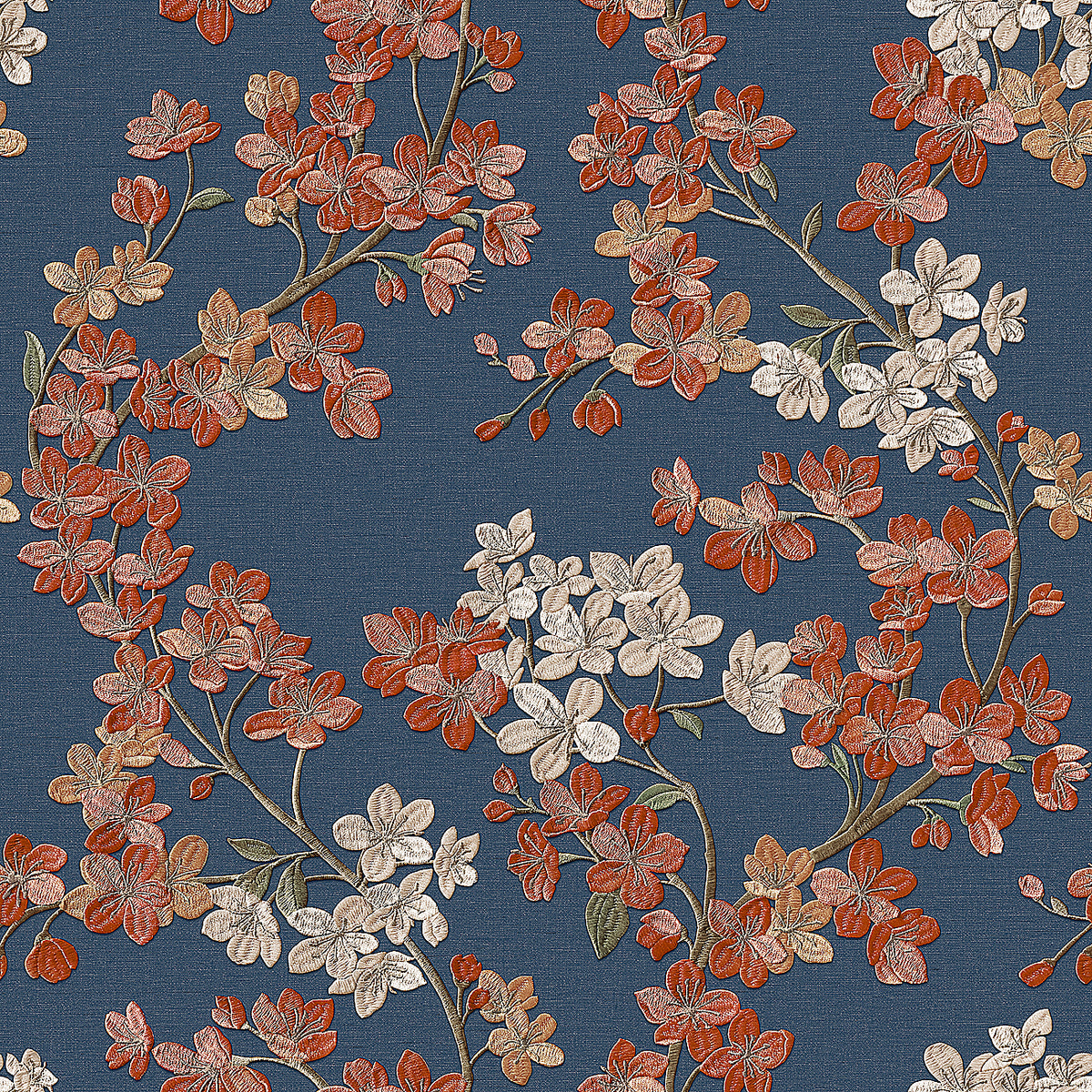 Veer Decor Embroidered Cherry Bloom Navy Wallpaper 8389-AB5