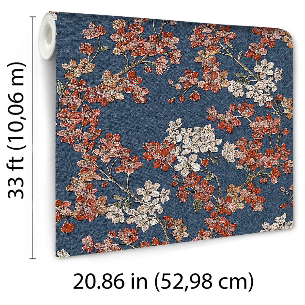 Veer Decor Embroidered Cherry Bloom Navy Wallpaper 8389-AB5