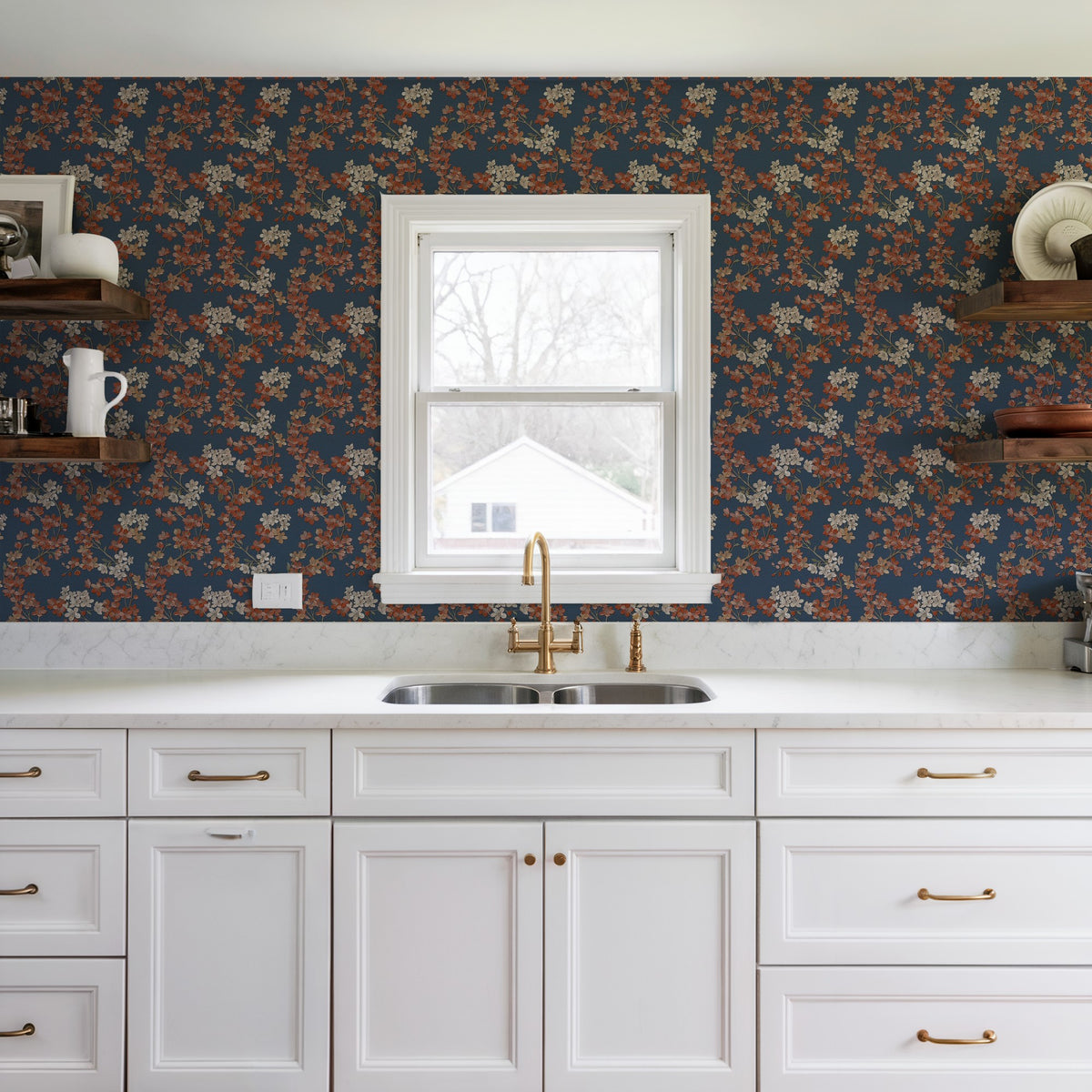 Veer Decor Embroidered Cherry Bloom Navy Wallpaper 8389-AB5