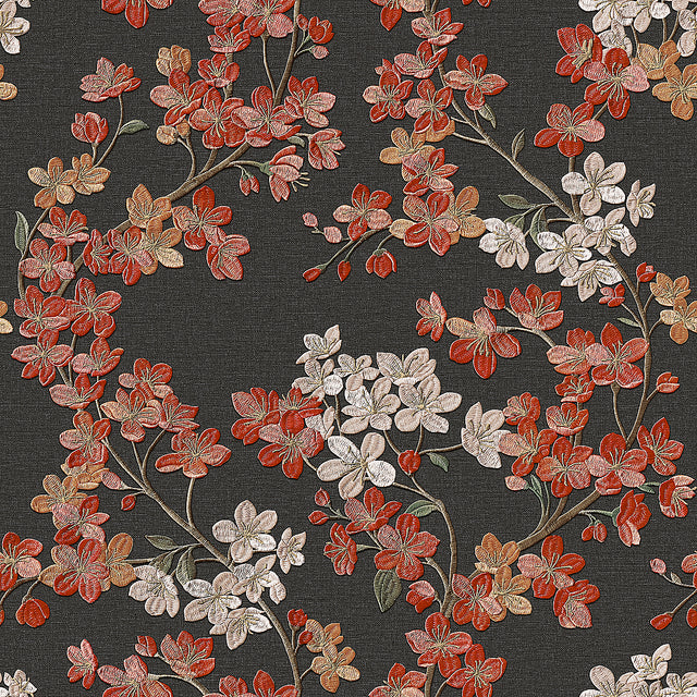 Veer Decor Embroidered Cherry Bloom Black Wallpaper 8389-AB6