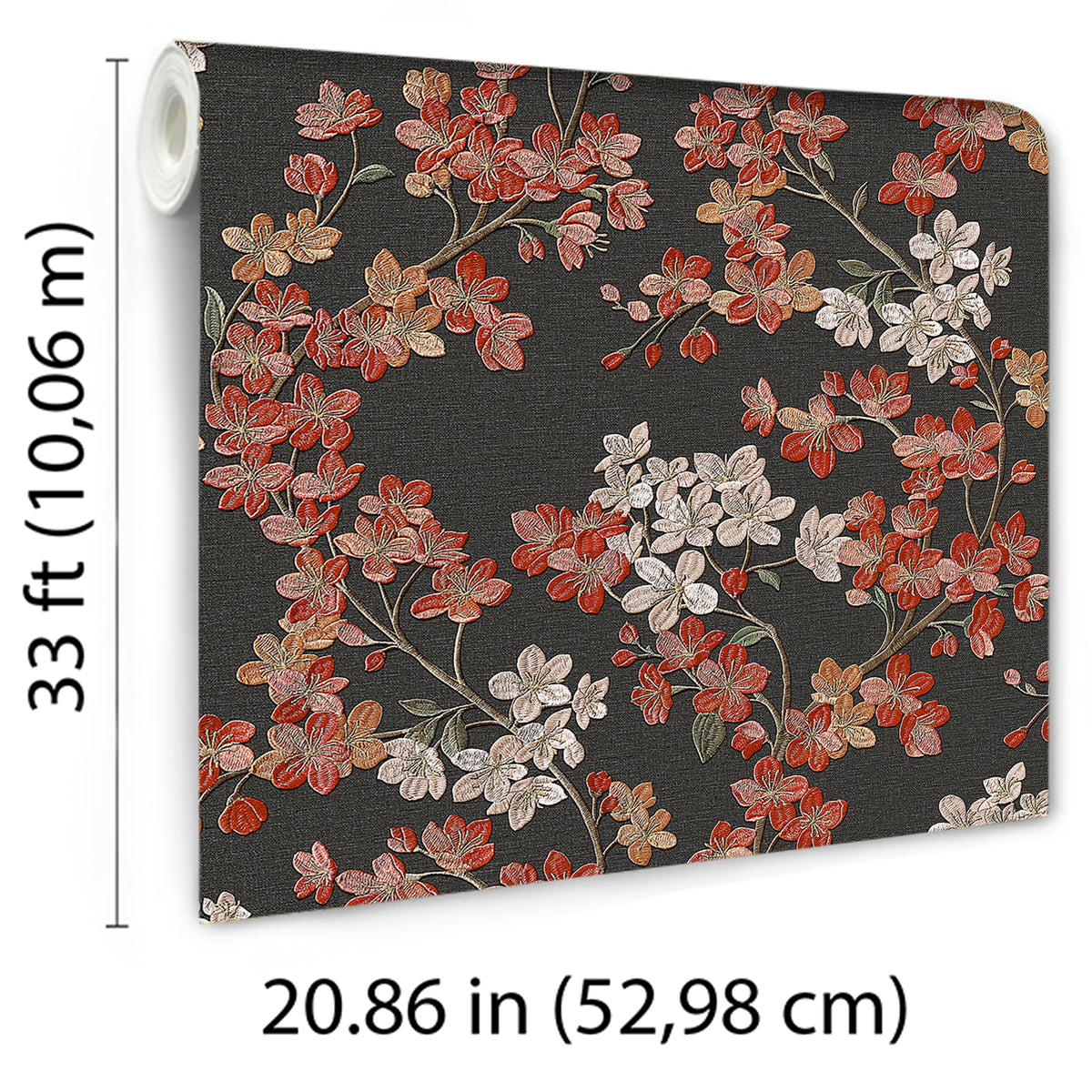 Veer Decor Embroidered Cherry Bloom Black Wallpaper 8389-AB6