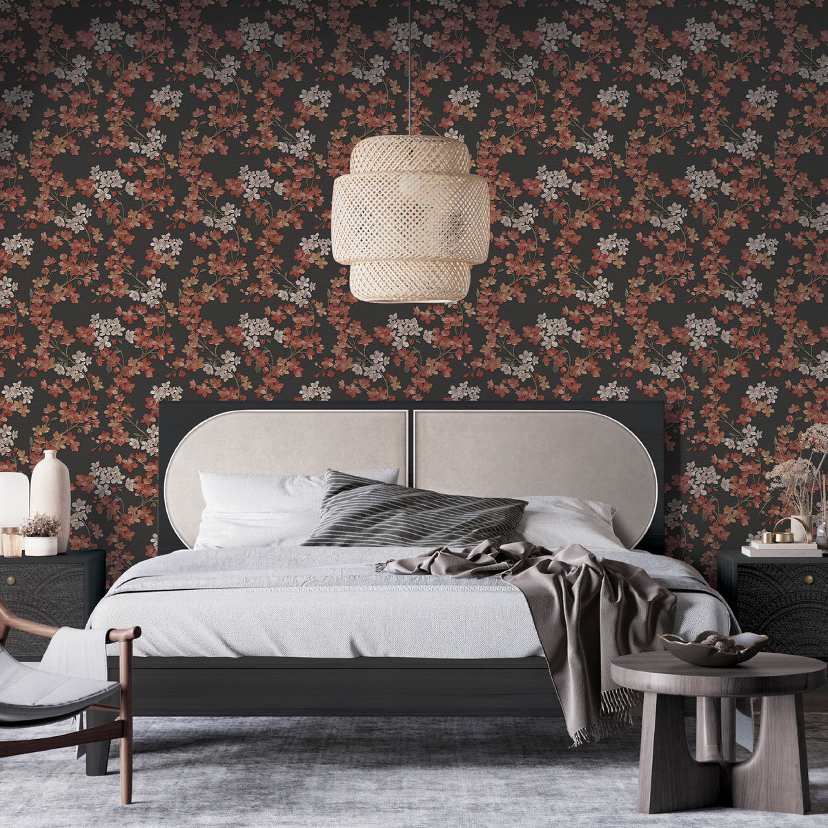 Veer Decor Embroidered Cherry Bloom Black Wallpaper 8389-AB6