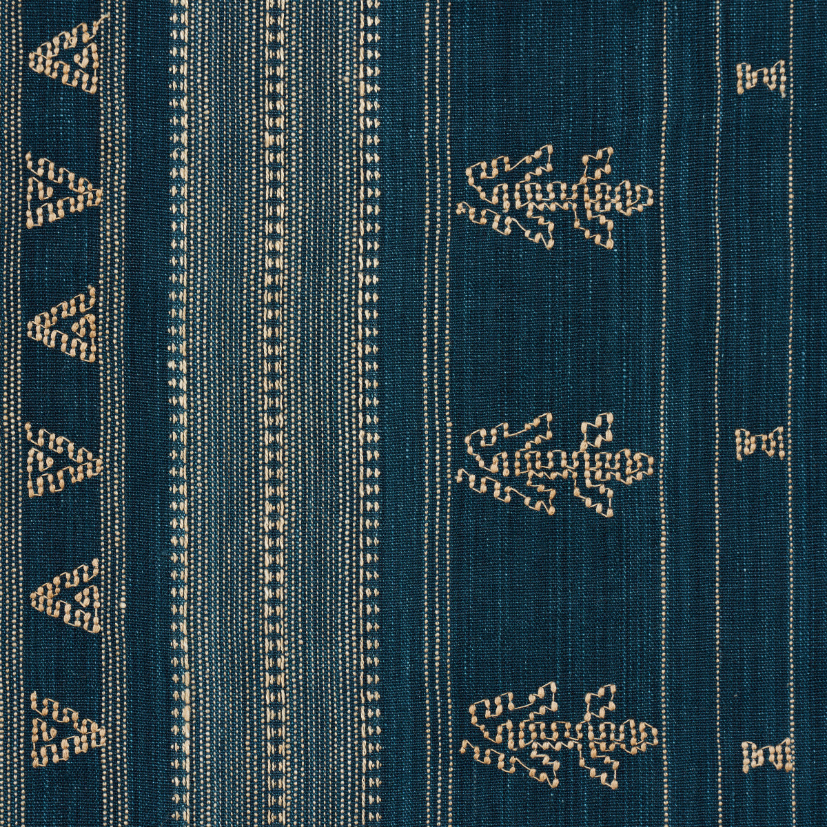 Schumacher Nima Embroidered Cotton Linen Indigo Fabric - Eade's Wallpaper