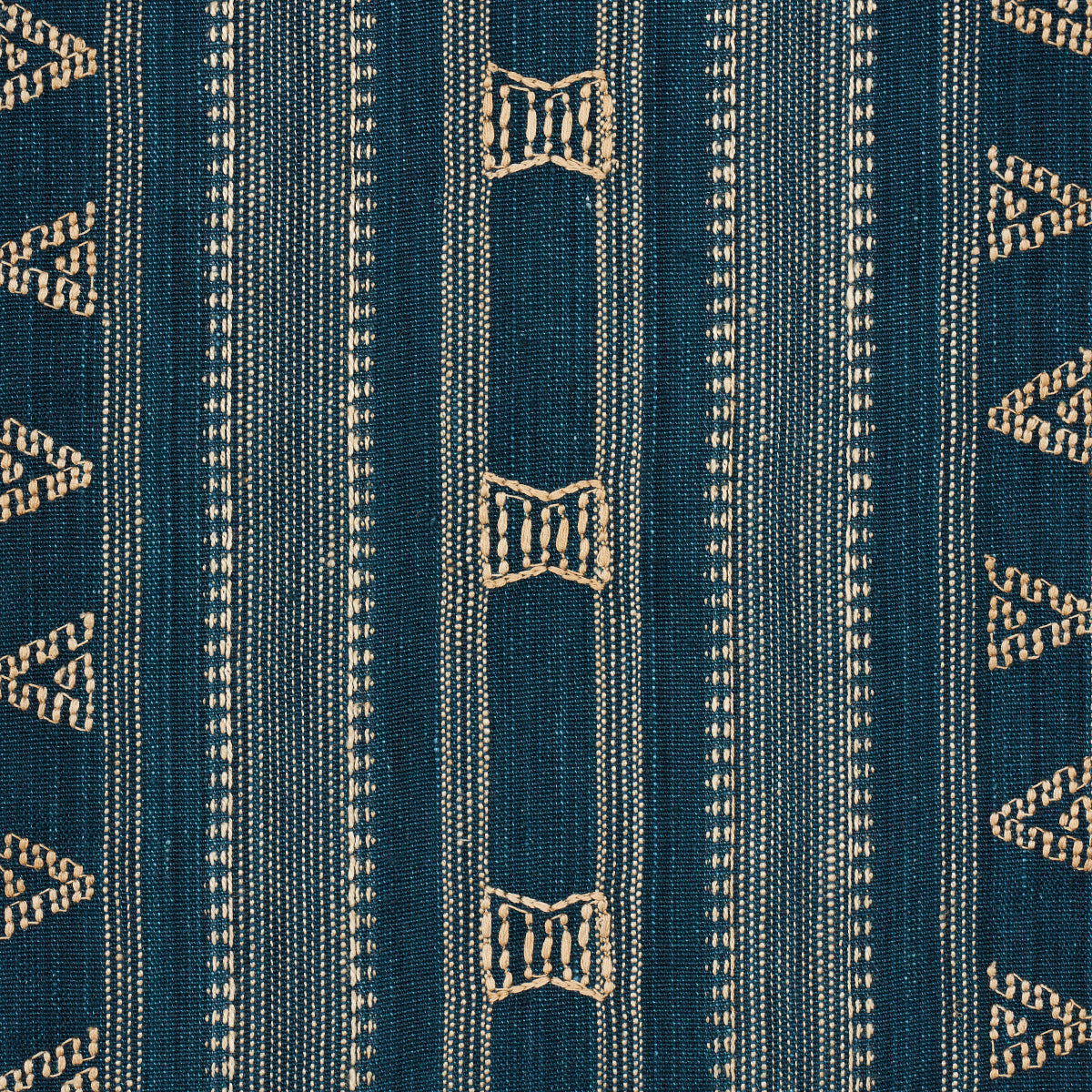 Schumacher Nima Embroidered Cotton Linen Indigo Fabric - Eade's Wallpaper