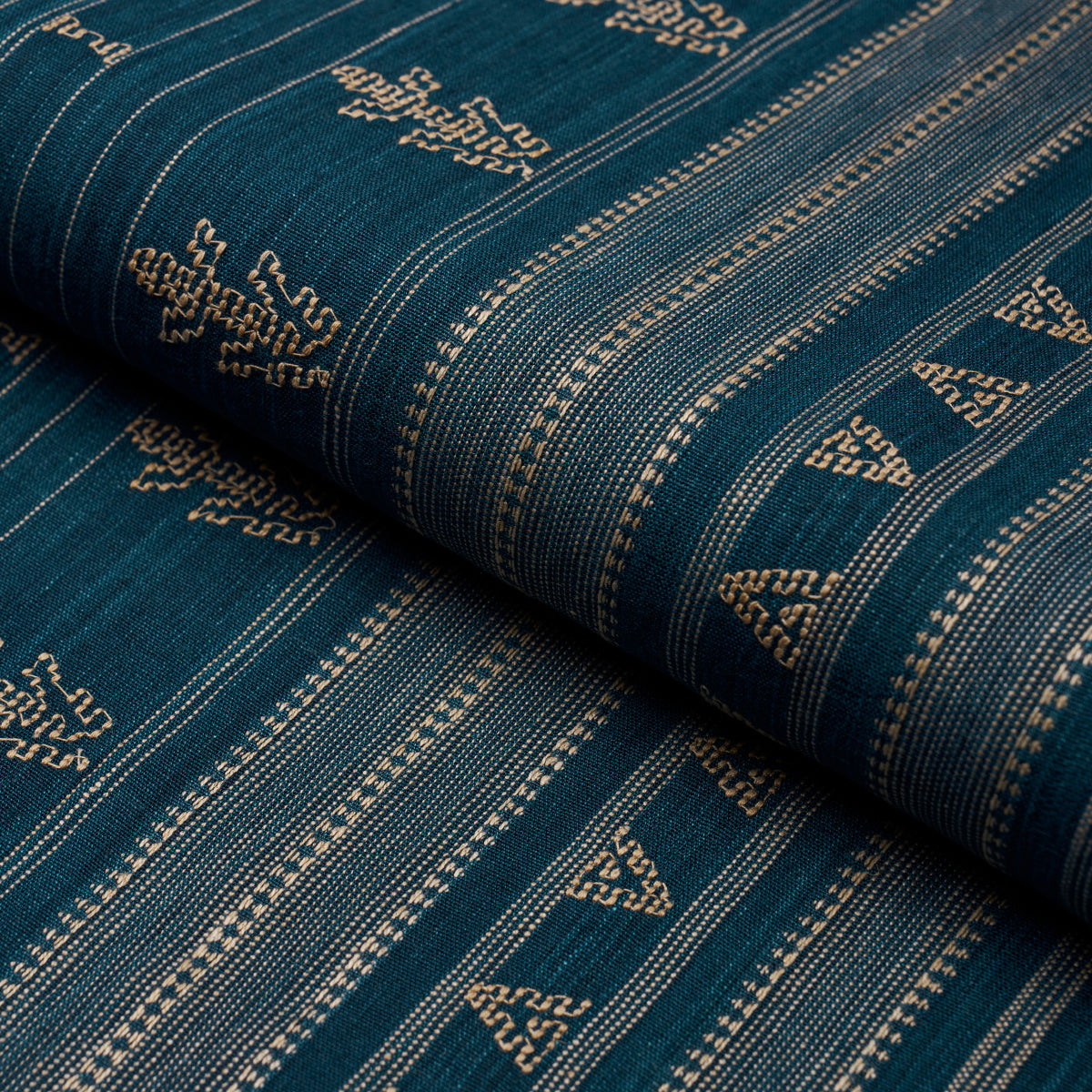 Schumacher Nima Embroidered Cotton Linen Indigo Fabric - Eade's Wallpaper