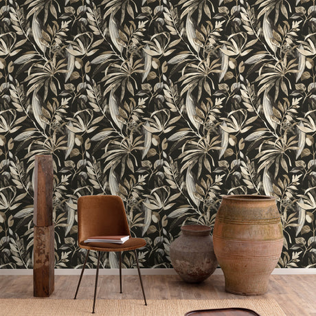 Galerie Karuna Branched Leaves Motive Black Wallpaper KRA712