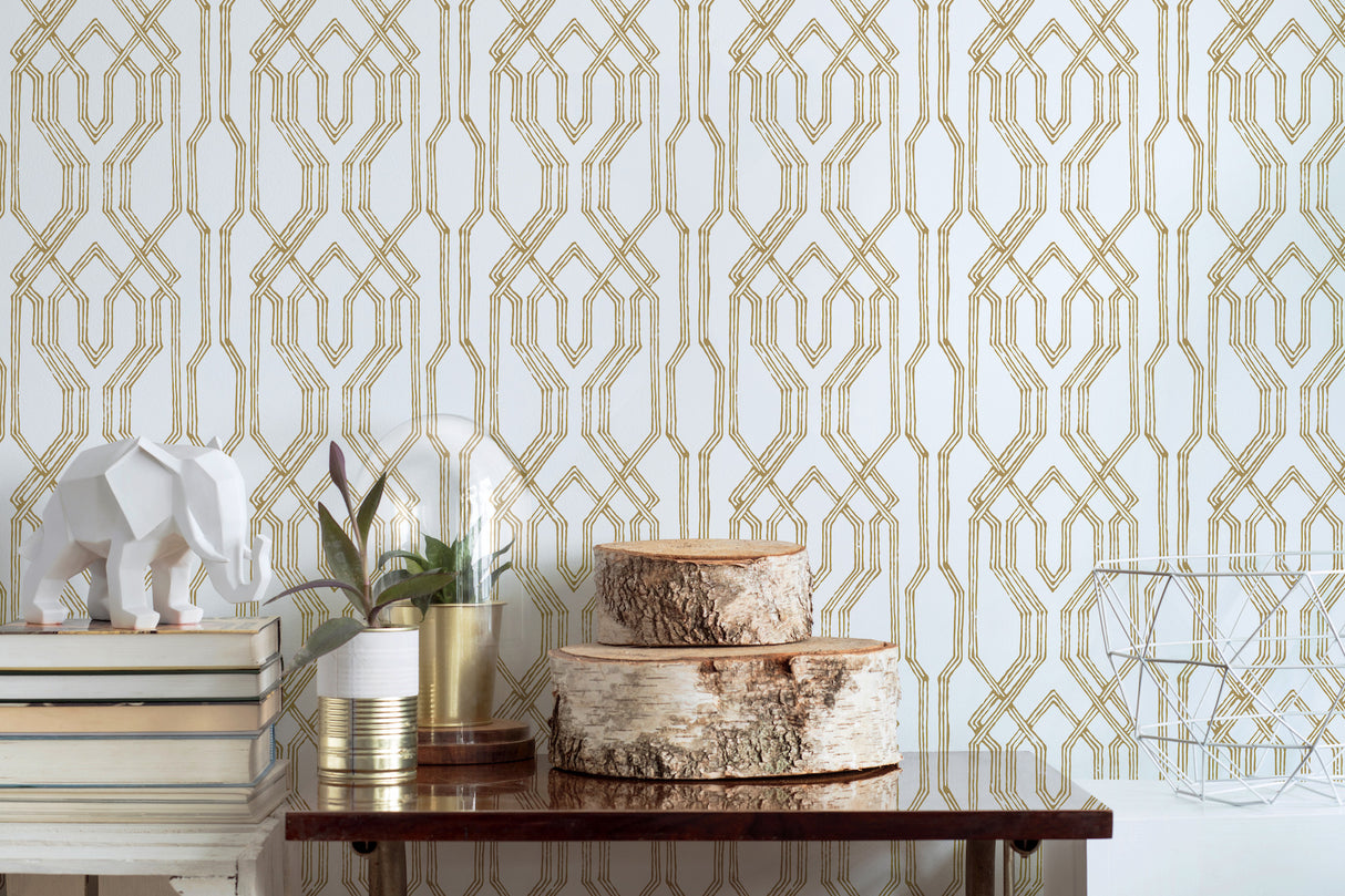 York AF6560 Oriental Lattice White & Gold Wallpaper
