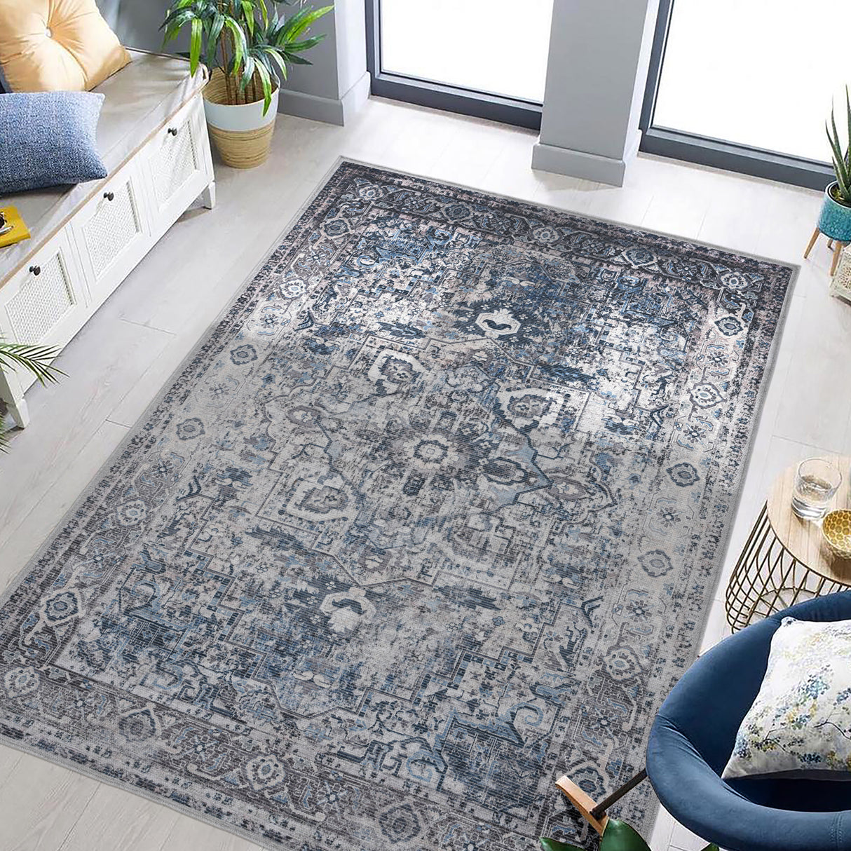 Amer Rugs ALA-3 Alaska Machine-Washable Vintage Medallion Power-Loomed Gray/Blue Area Rug