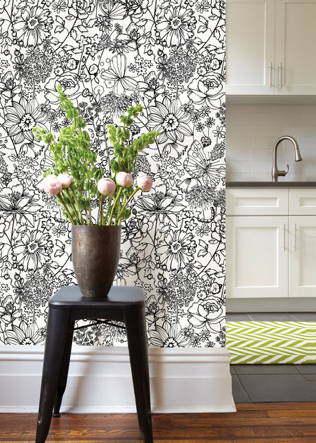 A-Street Prints AST3789 Daley Black Line Floral Wallpaper