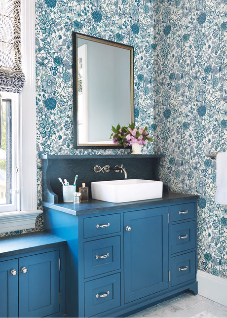 A-Street Prints AST3791 Daley Blue Line Floral Wallpaper