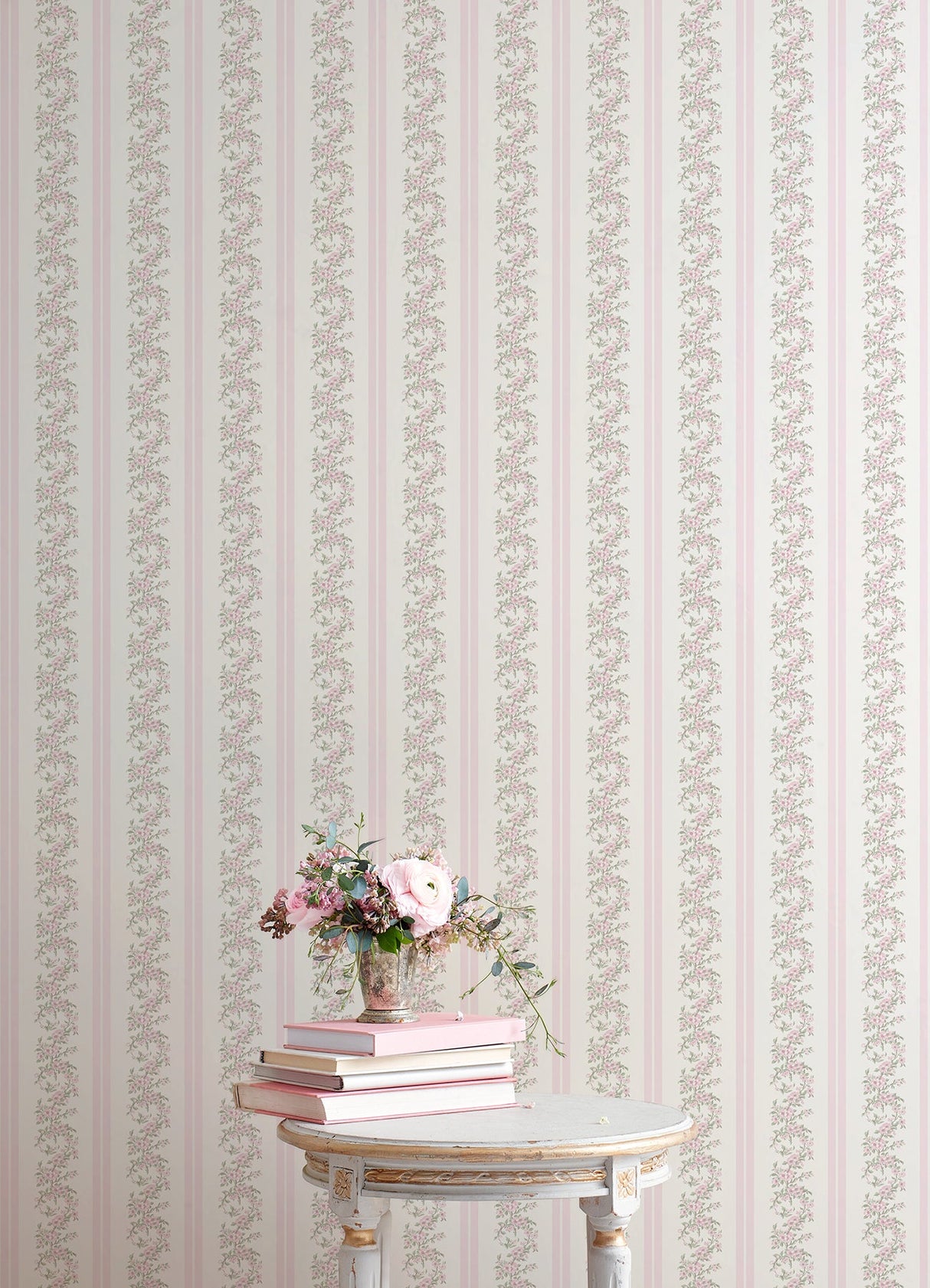 A-Street Prints AST4649 Marigold Wreath Pastel Peach Floral Stripe Wallpaper