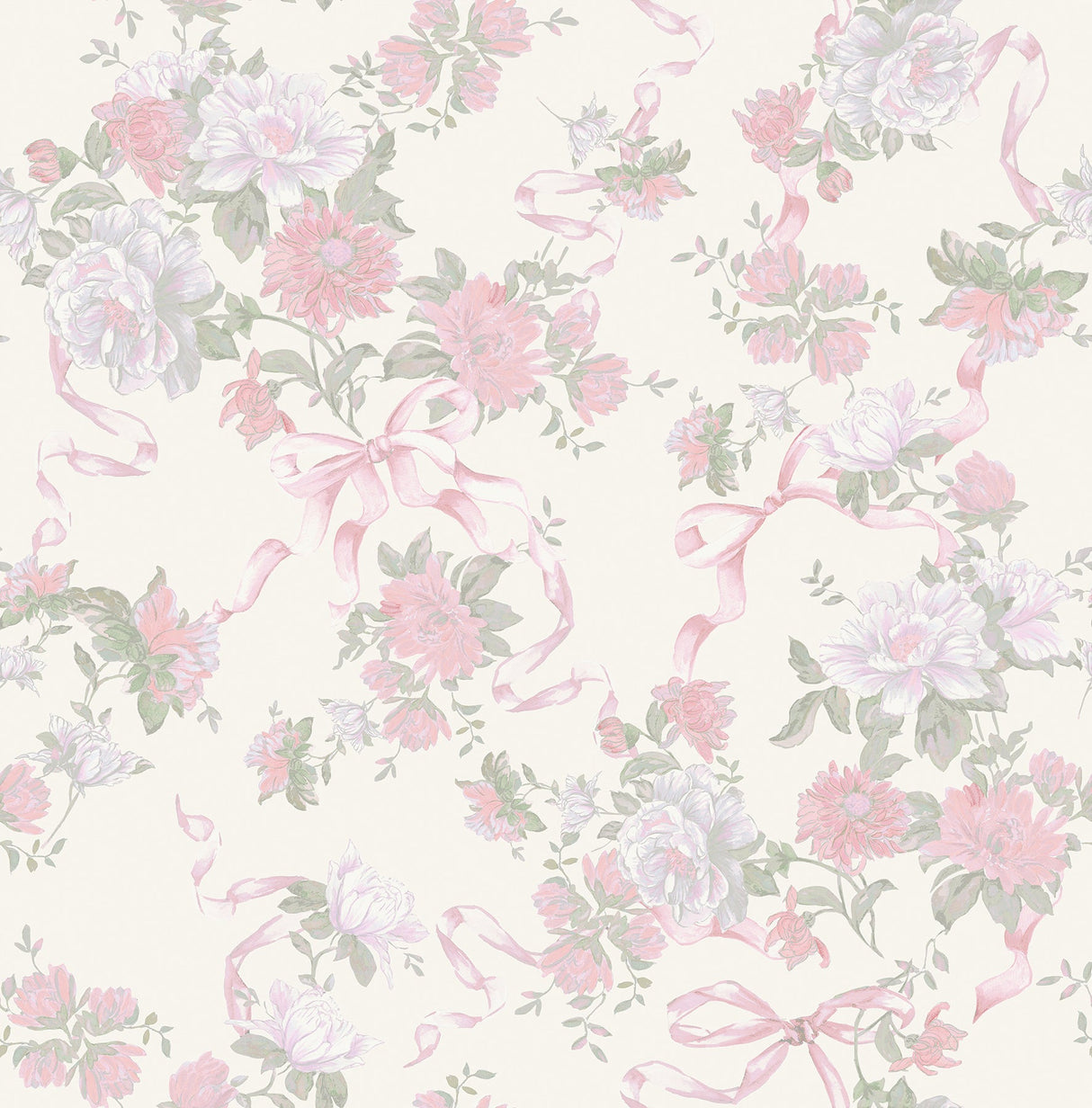 A-Street Prints AST4653 Cabbage Rose Bow Pretty in Pink Ribbons & Roses Wallpaper