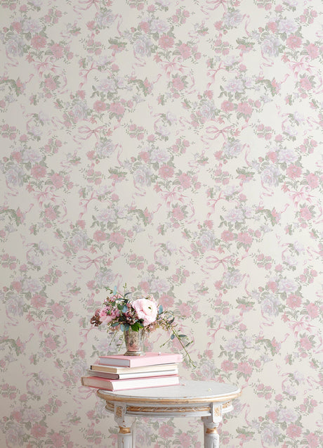 A-Street Prints AST4653 Cabbage Rose Bow Pretty in Pink Ribbons & Roses Wallpaper