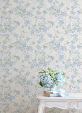 A-Street Prints AST4654 Cabbage Rose Bow Dusty River Blue Ribbons & Roses Wallpaper