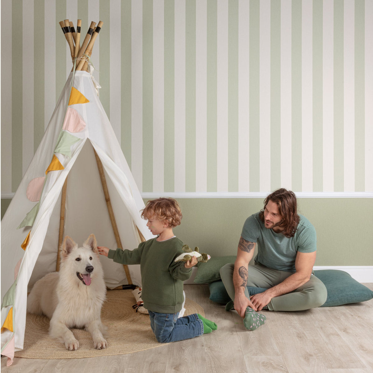 Galerie Atmosphere Regular stripes Green Wallpaper AT4032